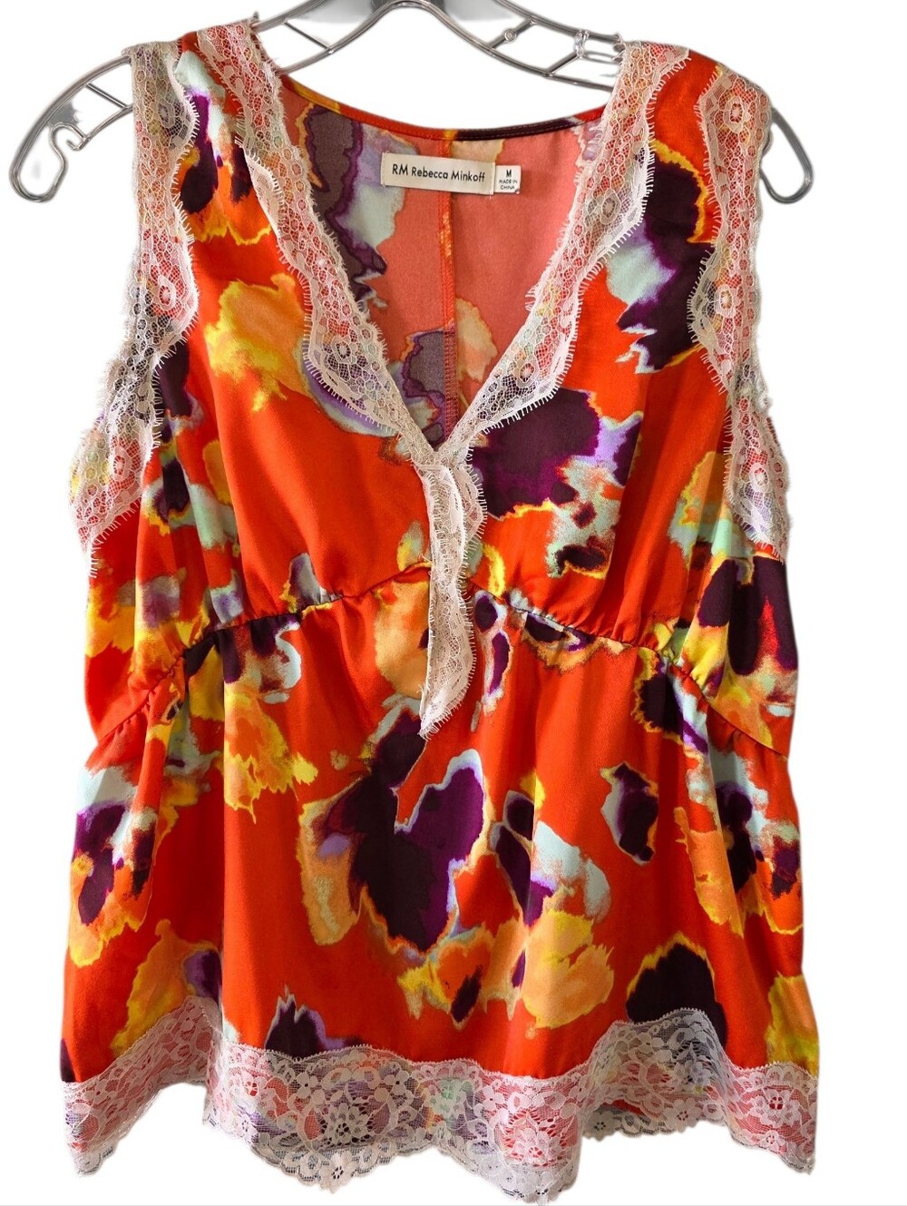 Rebecca Minkoff Orange Multicolor Floral Lace-Trim Camisole Size Medium